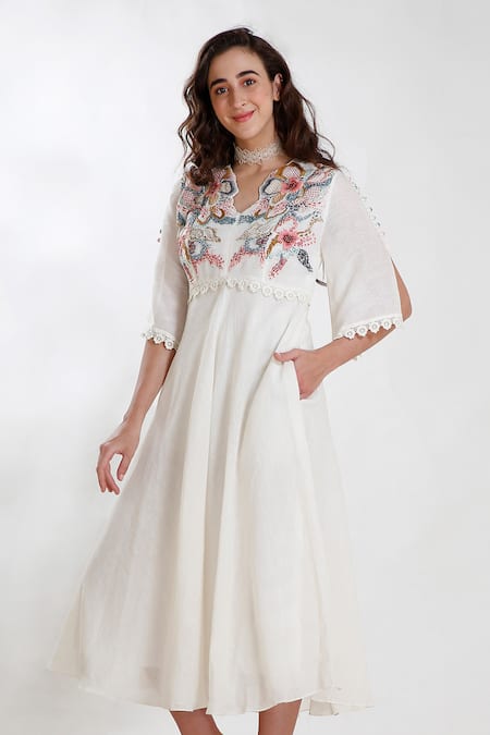 Whimsical By Shica White Linen V Neck Hand Embroidered Dress 