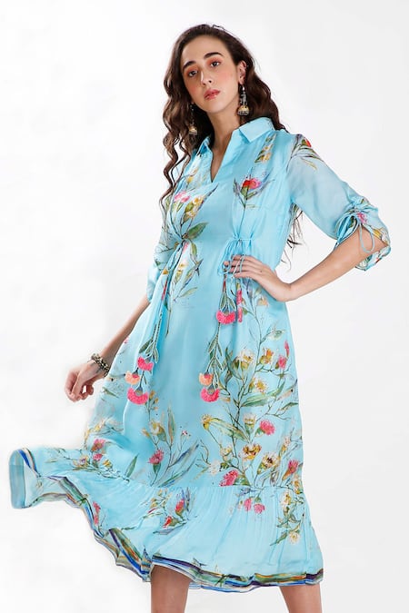 Whimsical By Shica Blue Silk Organza Spread Collar Printed Dress 