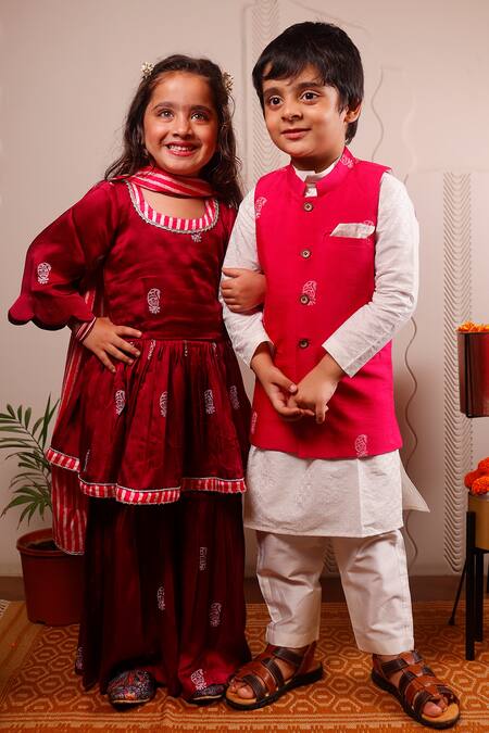 Shop Tiny Colour Purple Modal, Satin Embroidery, Lace Block Print Kurta And Sharara Set Online at Aza Fashions Shop_Tiny Colour_Purple Modal, Satin Embroidery, Lace Block Print Kurta And Sharara Set _Online_at_Aza_Fashions