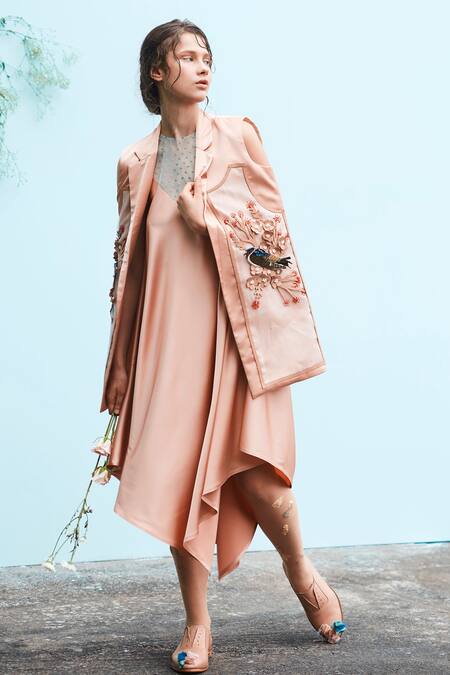 Archana Rao_Peach Satin Lapel Embroidered Jacket  _Online_at_Aza_Fashions