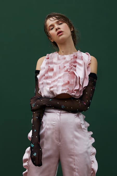 Archana Rao Pink Satin Round Ruffle Crop Top 