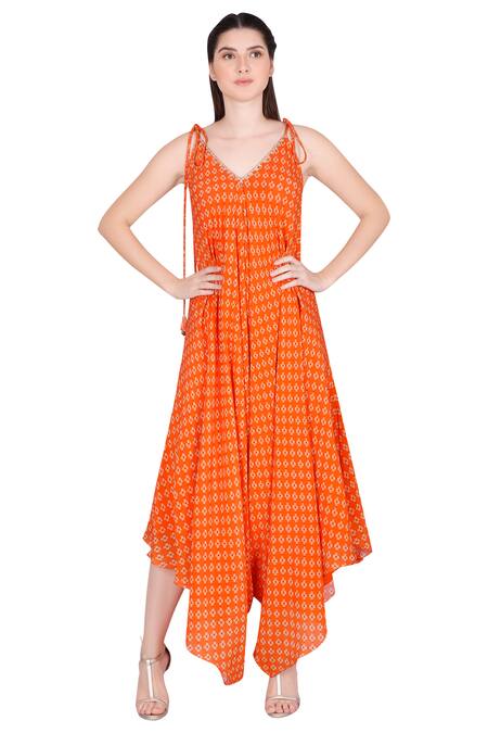 Buy_Julie By Julie Shah_Orange Crepe Floral Print Jumpsuit_Online_at_Aza_Fashions