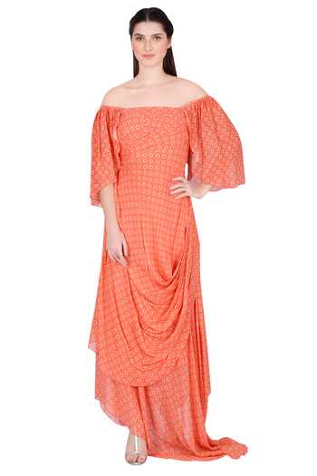 Buy_Julie By Julie Shah_Orange Draped Off Shoulder Dress_Online_at_Aza_Fashions