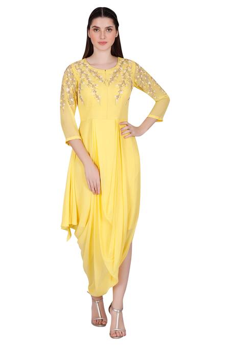 Buy_Julie By Julie Shah_Yellow Cowl Draped Tunic _Online_at_Aza_Fashions