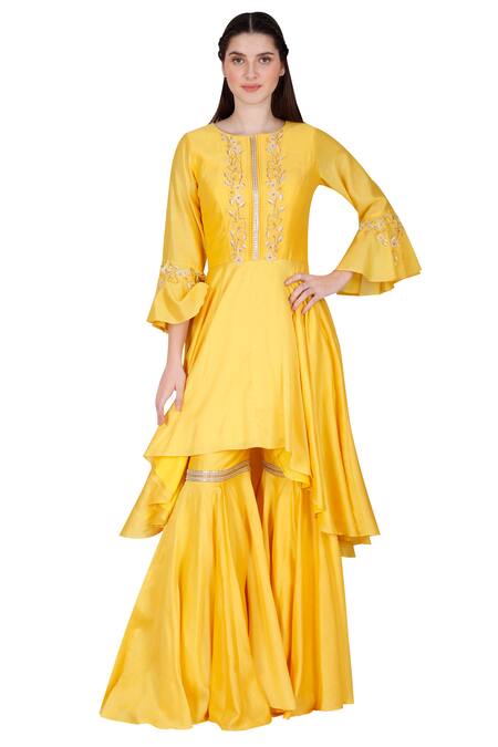 Buy_Julie By Julie Shah_Yellow Round Chanderi Kurta Sharara Set _Online_at_Aza_Fashions