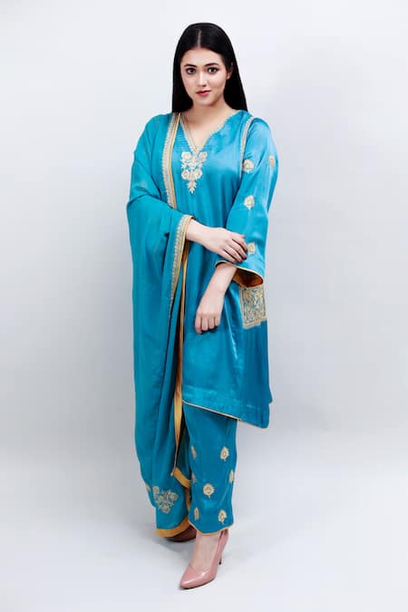Daljit Sudan Blue German Satin And Georgette Tilla & Aari V Embroidered Phiran Kurta Pant Set 
