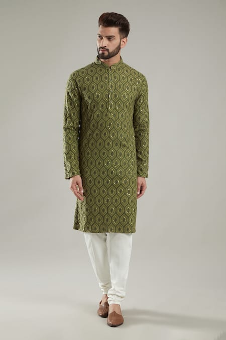 Kasbah Silk Mandarin Collar Embroidered Kurta Set 