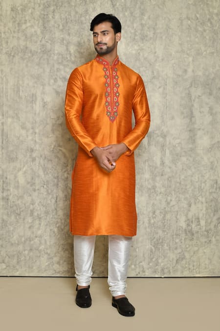 Arihant Rai Sinha Orange Art Silk Dupion Embroidered Dori Placket Kurta Set