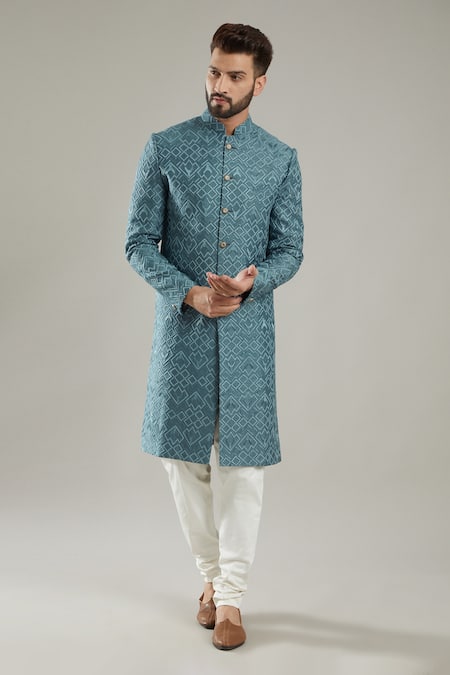 Kasbah Blue Silk Embroidered Floral Sherwani 