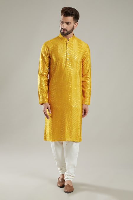 Kasbah Yellow Silk Sequins Chevron Pattern Kurta Set 