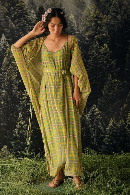 Paulmi and Harsh Green Jacket  Organza And Maxi Dress Crepe Print Strappy With  