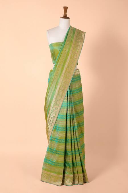 Buy Ekaya Banaras Green Satin Silk Tanchoi Handwoven Saree at Aza Fashions Buy_Ekaya Banaras_Green Satin Silk Tanchoi Handwoven Saree_at_Aza_Fashions