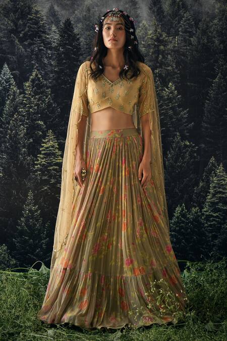 Paulmi And Harsh_Beige Cutdana And Sequin, Floral, Anar Print V Neck Lehenga Set_Online_at_Aza_Fashions