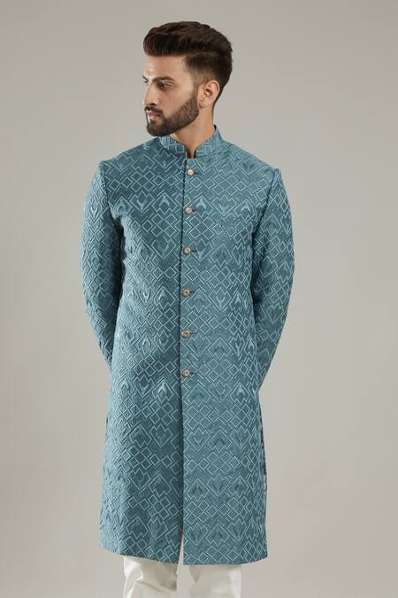 Kasbah Blue Silk Floral Embroidered Sherwani Online at Aza Fashions Kasbah_Blue Silk Floral Embroidered Sherwani_Online_at_Aza_Fashions