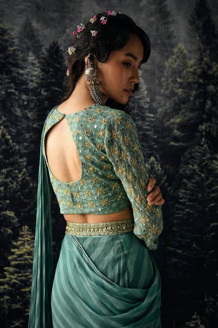 Shop Paulmi And Harsh Blue Saree Chiffon And Blouse Georgette Cutdana & Sequin, Pre-draped With Online at Aza Fashions Shop_Paulmi And Harsh_Blue Saree Chiffon And Blouse Georgette Cutdana & Sequin, Pre-draped With _Online_at_Aza_Fashions