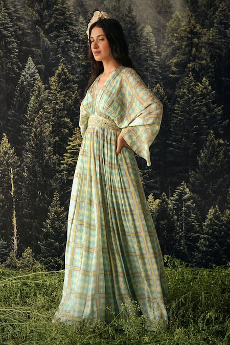 Shop_Paulmi And Harsh_Blue Kaftan  Georgette And Inner  Santoon Cutdana & Sequin, Geometric With Belt _Online_at_Aza_Fashions