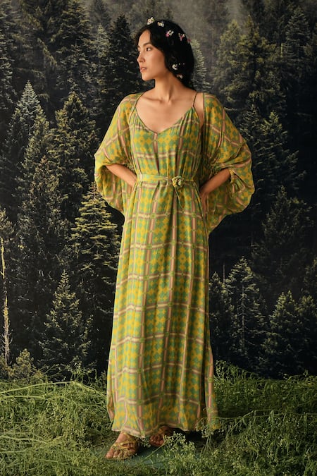 Paulmi And Harsh_Green Jacket  Organza And Maxi Dress Crepe Geometric Print V Neck Strappy With _Online_at_Aza_Fashions