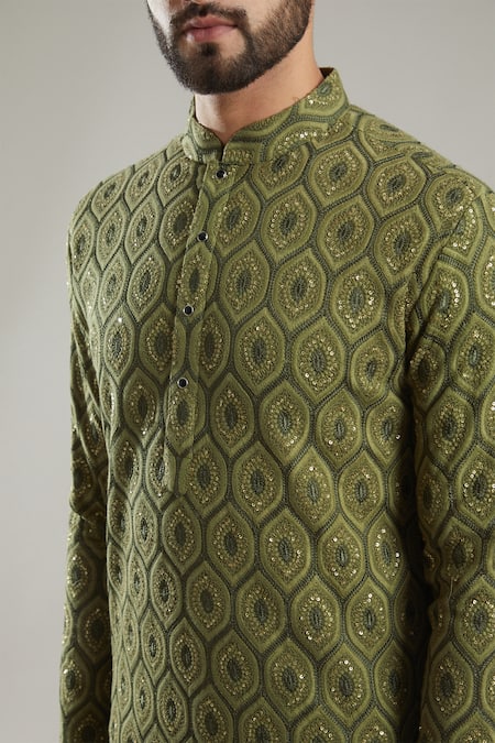 Buy_Kasbah_Green Silk Embroidery Mandarin Collar Kurta Set _Online_at_Aza_Fashions