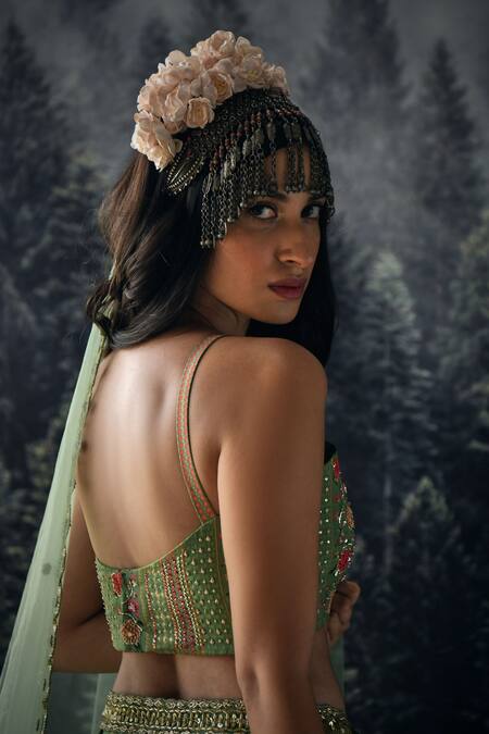 Shop_Paulmi And Harsh_Green Cutdana, Floral Print, Mirror And Thread, Sequin, V Neck Lehenga Set_Online_at_Aza_Fashions