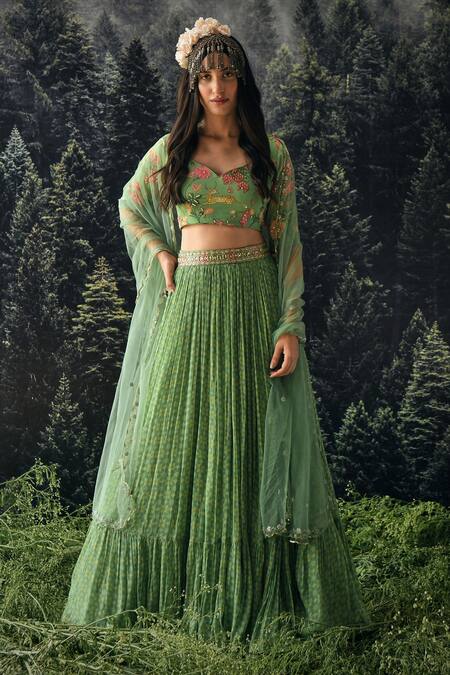 Paulmi And Harsh_Green Sequin, Cutdana And Moti, Jungle , Star Leaf Neck Lehenga Set _Online_at_Aza_Fashions