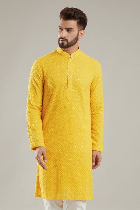 Kasbah Yellow Georgette, Cotton Embroidery Full Sleeve Kurta Set Online at Aza Fashions Kasbah_Yellow Georgette, Cotton Embroidery Full Sleeve Kurta Set _Online_at_Aza_Fashions