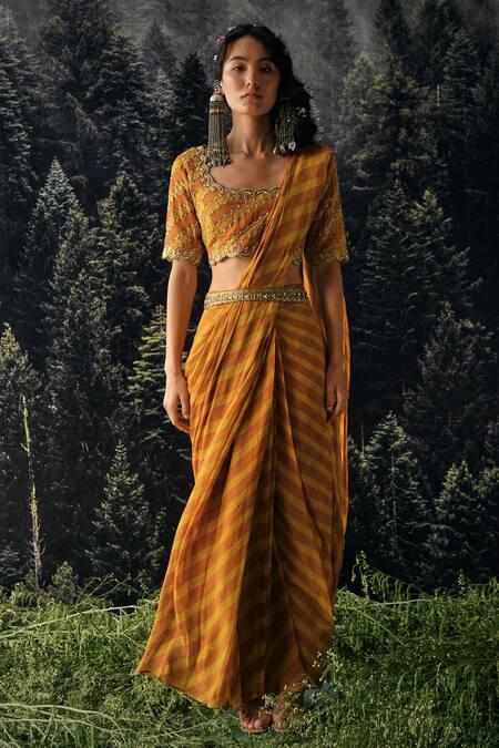Paulmi And Harsh Yellow Saree Chiffon And Blouse Cotton Silk Cutdana & Sequin, Pre-draped With Online at Aza Fashions Paulmi And Harsh_Yellow Saree Chiffon And Blouse Cotton Silk Cutdana & Sequin, Pre-draped With_Online_at_Aza_Fashions