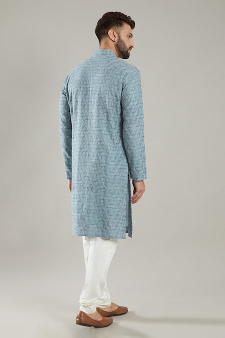 Shop Kasbah Blue Silk, Cotton Embroidery Geometric Kurta Set at Aza Fashions Shop_Kasbah_Blue Silk, Cotton Embroidery Geometric Kurta Set _at_Aza_Fashions