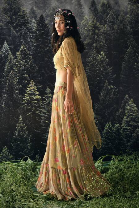 Buy_Paulmi And Harsh_Beige Cutdana And Sequin, Floral, Anar Print V Neck Lehenga Set_Online_at_Aza_Fashions