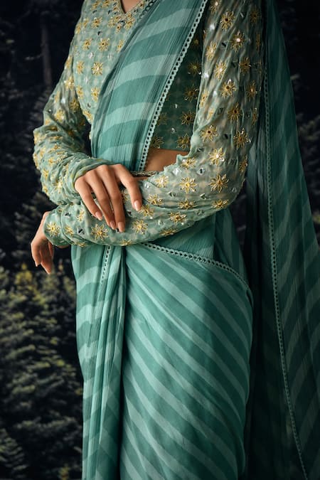 Paulmi And Harsh Blue Saree Chiffon And Blouse Georgette Cutdana & Sequin, Pre-draped With at Aza Fashions Paulmi And Harsh_Blue Saree Chiffon And Blouse Georgette Cutdana & Sequin, Pre-draped With _at_Aza_Fashions