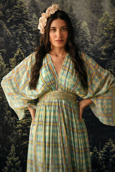 Paulmi And Harsh_Blue Kaftan  Georgette And Inner  Santoon Cutdana & Sequin, Geometric With Belt _at_Aza_Fashions