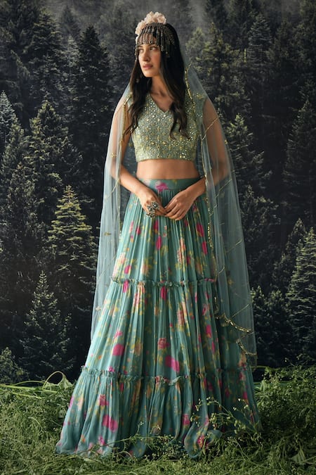 Shop Paulmi And Harsh Blue Floral Print, Mirror, Sequin And Cutdana V Neck Lehenga Set at Aza Fashions Shop_Paulmi And Harsh_Blue Floral Print, Mirror, Sequin And Cutdana V Neck Lehenga Set _at_Aza_Fashions