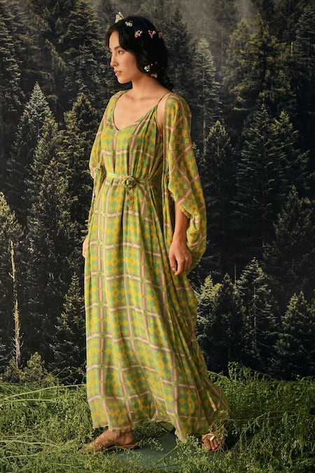 Buy_Paulmi And Harsh_Green Jacket  Organza And Maxi Dress Crepe Geometric Print V Neck Strappy With _Online_at_Aza_Fashions