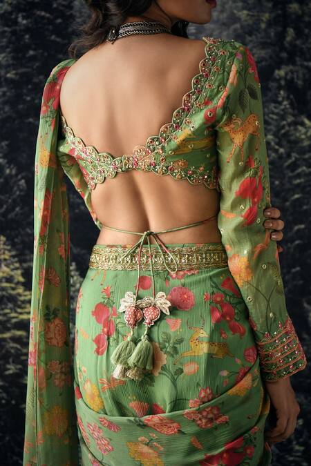 Shop Paulmi And Harsh Green Saree Chiffon And Blouse Cotton Silk Cutdana, Mirror, Pre-draped With Online at Aza Fashions Shop_Paulmi And Harsh_Green Saree Chiffon And Blouse Cotton Silk Cutdana, Mirror, Pre-draped With _Online_at_Aza_Fashions