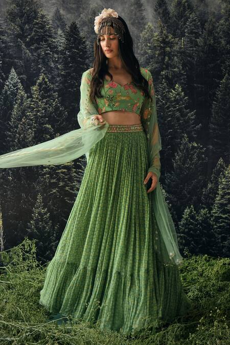 Buy_Paulmi And Harsh_Green Sequin, Cutdana And Moti, Jungle , Star Leaf Neck Lehenga Set _Online_at_Aza_Fashions