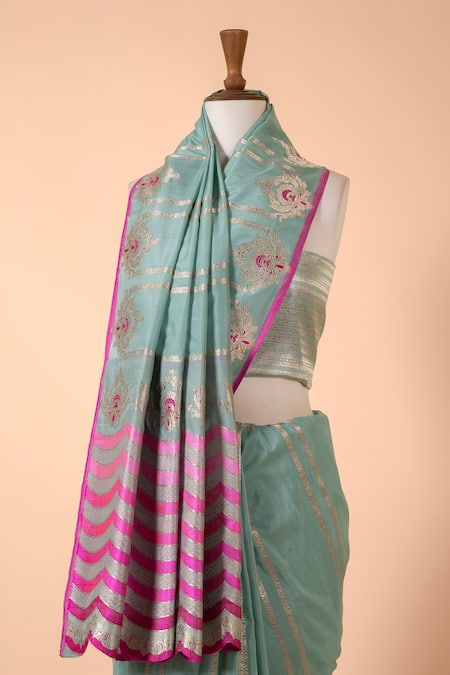 Shop Ekaya Banaras Blue Silk Banarasi Kadwa Handwoven Saree at Aza Fashions Shop_Ekaya Banaras_Blue Silk Banarasi Kadwa Handwoven Saree_at_Aza_Fashions