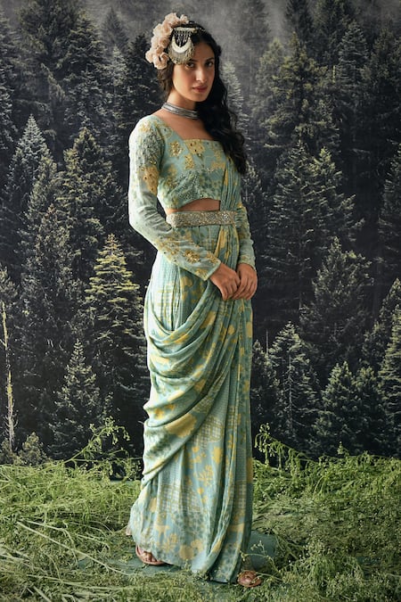 Paulmi And Harsh_Blue Crepe Cutdana And Sequin, Floral Print, Mirror, Pre-draped Saree With Blouse _Online_at_Aza_Fashions