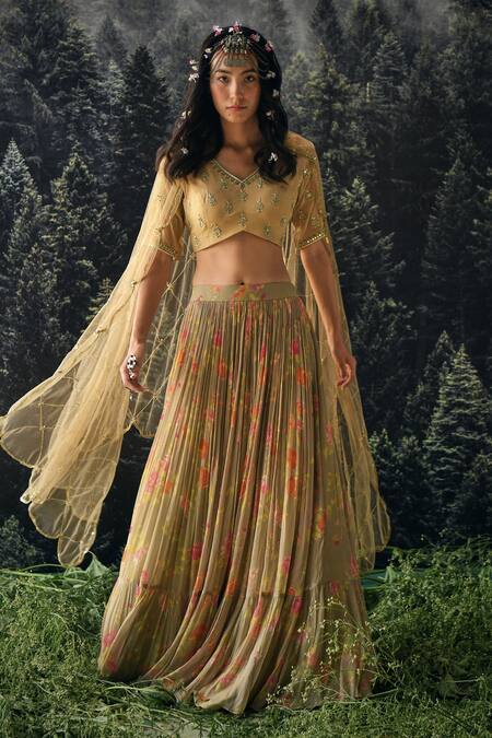 Shop_Paulmi And Harsh_Beige Cutdana And Sequin, Floral, Anar Print V Neck Lehenga Set_Online_at_Aza_Fashions