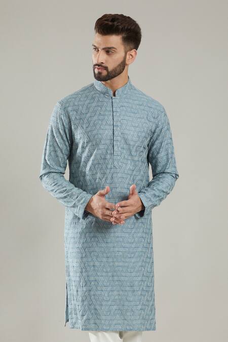 Kasbah Blue Silk, Cotton Embroidery Geometric Kurta Set Online at Aza Fashions Kasbah_Blue Silk, Cotton Embroidery Geometric Kurta Set _Online_at_Aza_Fashions