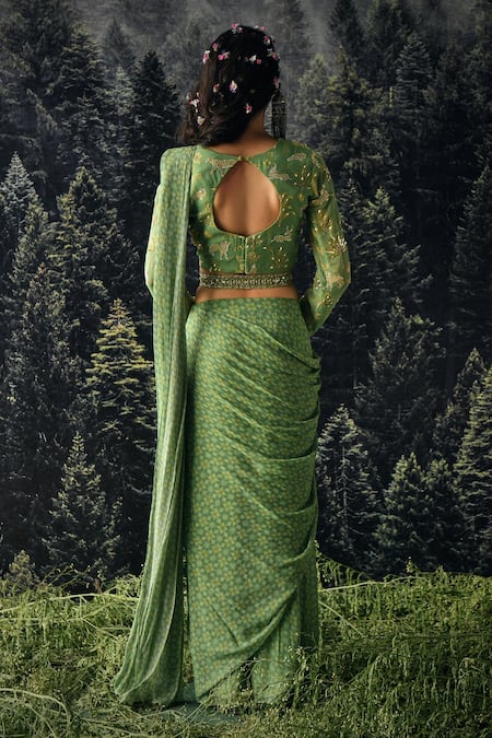Shop Paulmi And Harsh Green Saree Chiffon And Blouse Georgette Sequin & Cutdana, Pre-draped With at Aza Fashions Shop_Paulmi And Harsh_Green Saree Chiffon And Blouse Georgette Sequin & Cutdana, Pre-draped With _at_Aza_Fashions