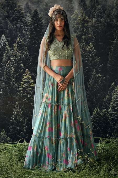 Paulmi And Harsh Blue Floral Print, Mirror, Sequin And Cutdana V Neck Lehenga Set Online at Aza Fashions Paulmi And Harsh_Blue Floral Print, Mirror, Sequin And Cutdana V Neck Lehenga Set _Online_at_Aza_Fashions