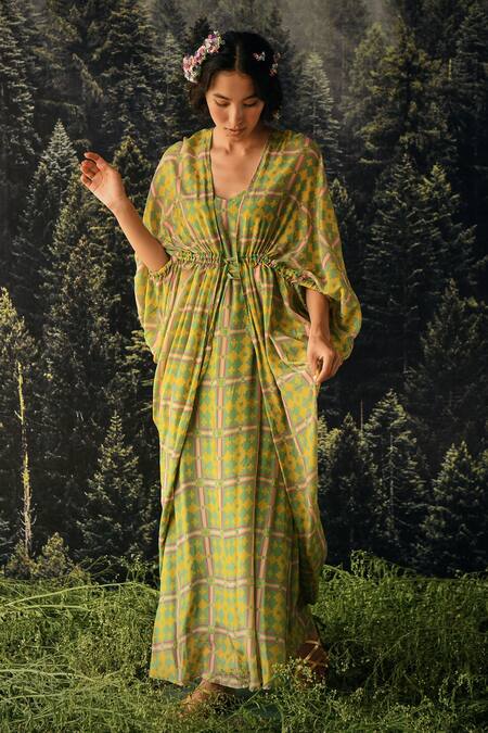 Shop_Paulmi And Harsh_Green Jacket  Organza And Maxi Dress Crepe Geometric Print V Neck Strappy With _Online_at_Aza_Fashions