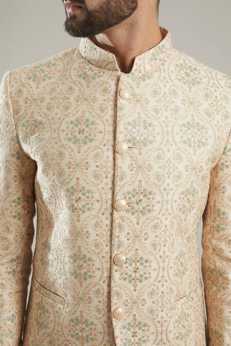 Buy_Kasbah_Pink Chanderi Floral Button Down Jacket Bandhgala_Online_at_Aza_Fashions