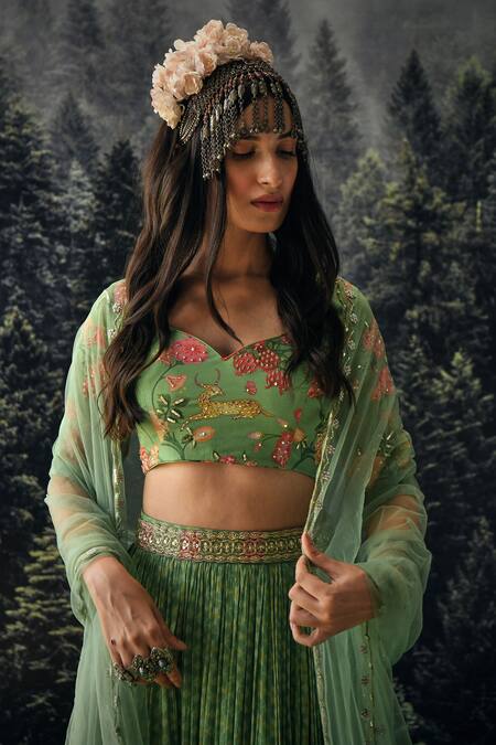 Shop_Paulmi And Harsh_Green Sequin, Cutdana And Moti, Jungle , Star Leaf Neck Lehenga Set _Online_at_Aza_Fashions
