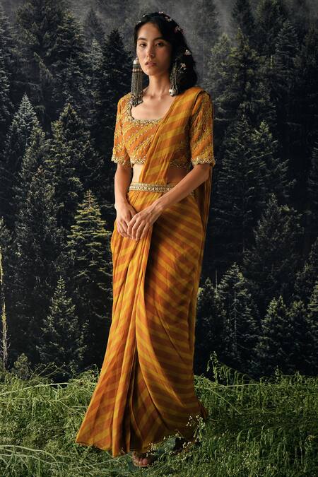 Shop Paulmi And Harsh Yellow Saree Chiffon And Blouse Cotton Silk Cutdana & Sequin, Pre-draped With Online at Aza Fashions Shop_Paulmi And Harsh_Yellow Saree Chiffon And Blouse Cotton Silk Cutdana & Sequin, Pre-draped With_Online_at_Aza_Fashions
