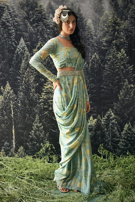 Buy_Paulmi And Harsh_Blue Crepe Cutdana And Sequin, Floral Print, Mirror, Pre-draped Saree With Blouse _Online_at_Aza_Fashions