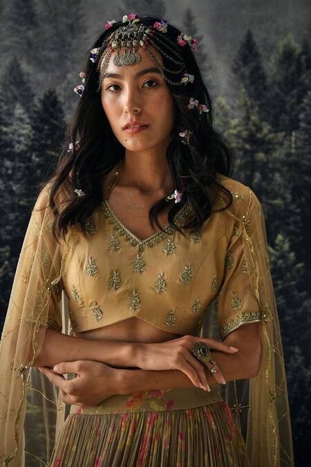 Paulmi And Harsh_Beige Cutdana And Sequin, Floral, Anar Print V Neck Lehenga Set_at_Aza_Fashions