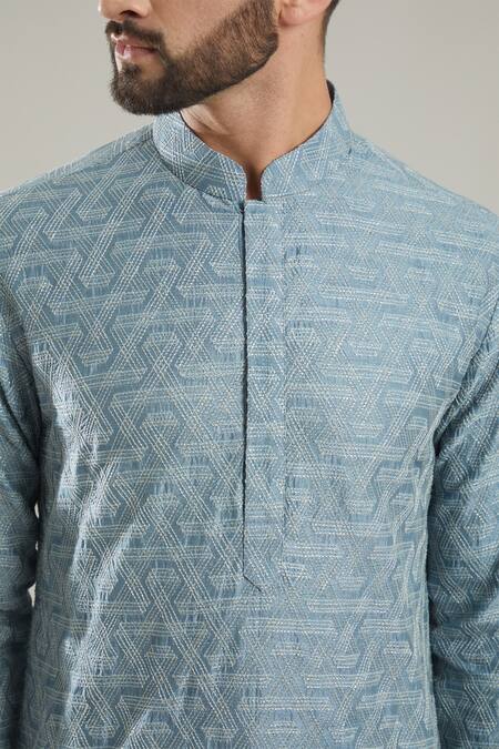 Buy Kasbah Blue Silk, Cotton Embroidery Geometric Kurta Set Online at Aza Fashions Buy_Kasbah_Blue Silk, Cotton Embroidery Geometric Kurta Set _Online_at_Aza_Fashions