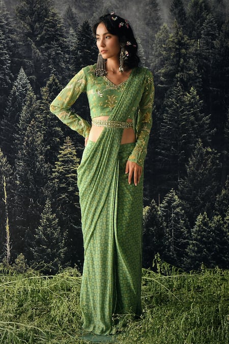 Paulmi And Harsh Green Saree Chiffon And Blouse Georgette Sequin & Cutdana, Pre-draped With Online at Aza Fashions Paulmi And Harsh_Green Saree Chiffon And Blouse Georgette Sequin & Cutdana, Pre-draped With _Online_at_Aza_Fashions