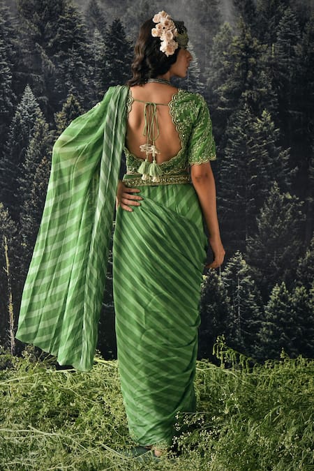 Shop Paulmi And Harsh Green Saree Chiffon And Blouse Georgette Cutdana & Sequin, Pre-draped With at Aza Fashions Shop_Paulmi And Harsh_Green Saree Chiffon And Blouse Georgette Cutdana & Sequin, Pre-draped With _at_Aza_Fashions