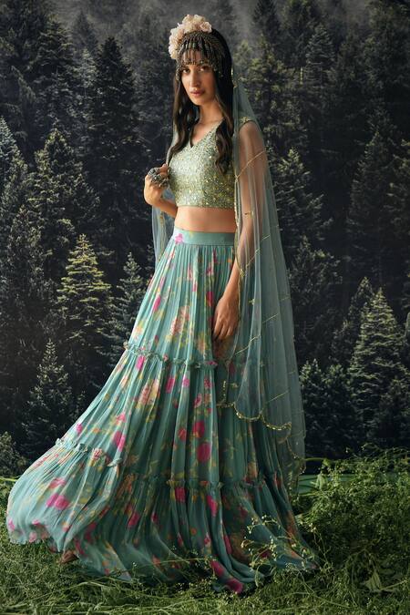 Buy Paulmi And Harsh Blue Floral Print, Mirror, Sequin And Cutdana V Neck Lehenga Set Online at Aza Fashions Buy_Paulmi And Harsh_Blue Floral Print, Mirror, Sequin And Cutdana V Neck Lehenga Set _Online_at_Aza_Fashions